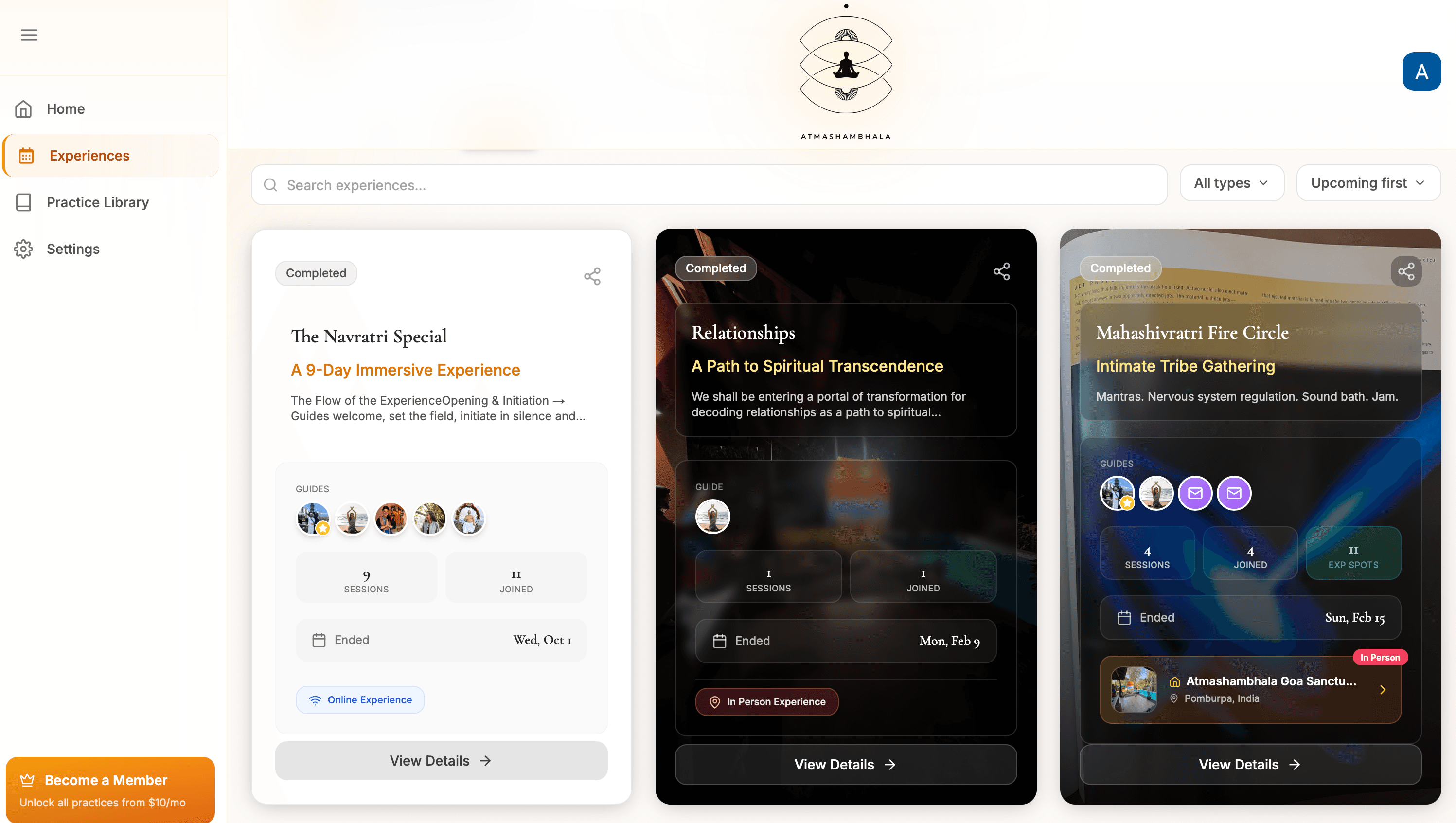 Atma Shambhala website — experiences and journeys